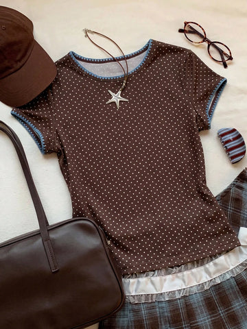 Women's Contrast Trim Round Neck Short Sleeve Casual Versatile T-Shirt