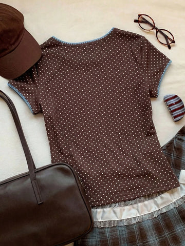 Women's Contrast Trim Round Neck Short Sleeve Casual Versatile T-Shirt
