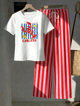 Short Sleeve Top And Striped Print Pants