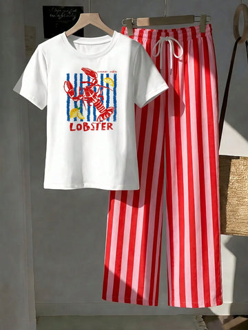 Short Sleeve Top And Striped Print Pants