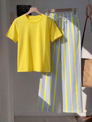 Short Sleeve Top And Striped Print Pants