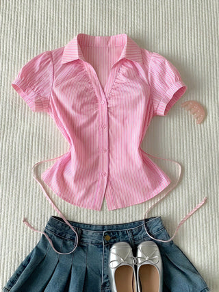 Women's Stripe Short Puff Sleeve Single-Breasted Casual Cute Shirt