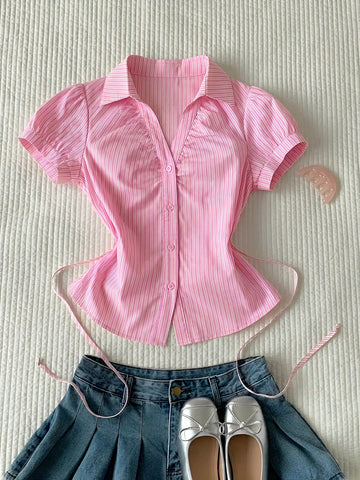 Women's Stripe Short Puff Sleeve Single-Breasted Casual Cute Shirt