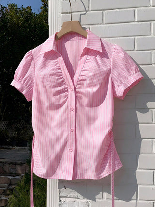 Women's Stripe Short Puff Sleeve Single-Breasted Casual Cute Shirt