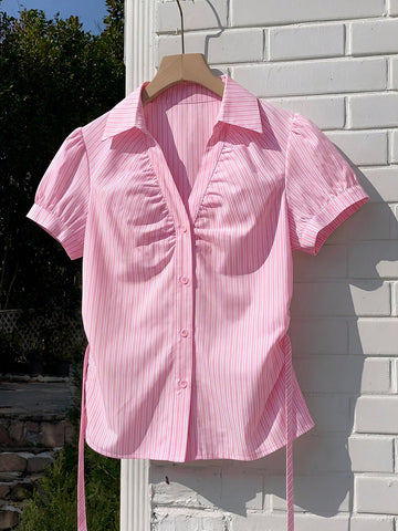 Women's Stripe Short Puff Sleeve Single-Breasted Casual Cute Shirt