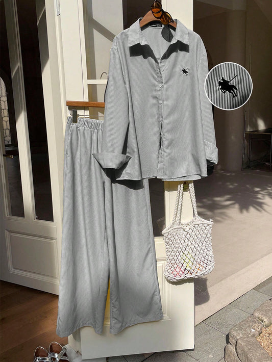 Women's New Striped Embroidered Loose Shirt And Pants Set