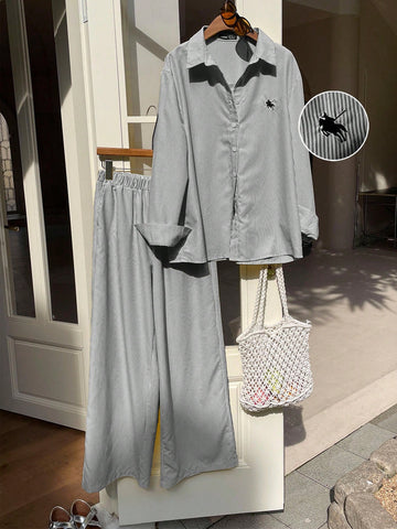 Women's New Striped Embroidered Loose Shirt And Pants Set