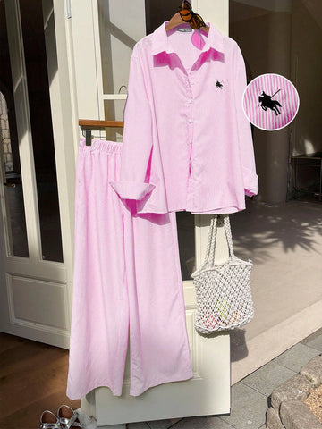 Women's New Striped Embroidered Loose Shirt And Pants Set