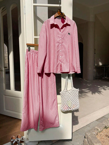Women's New Striped Embroidered Loose Shirt And Pants Set