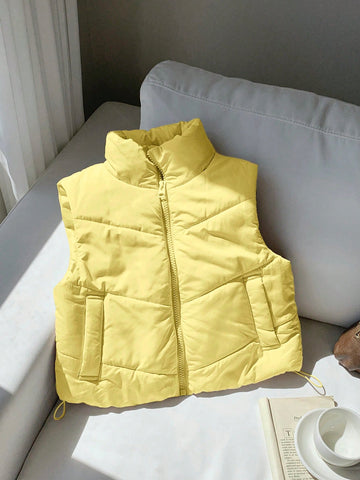 Zip Up Double Face Snap Button Corduroy Drawstring Vest Coat