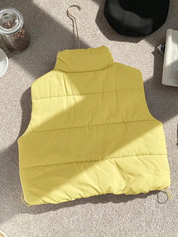 Zip Up Double Face Snap Button Corduroy Drawstring Vest Coat