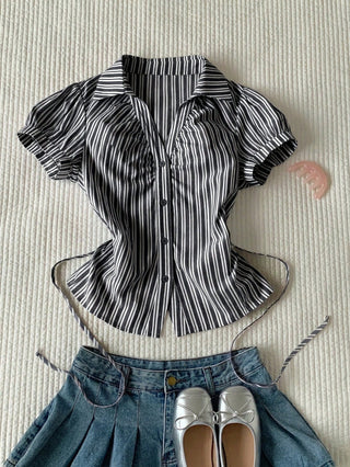 Women's Stripe Short Puff Sleeve Single-Breasted Casual Cute Shirt