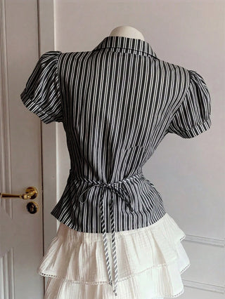 Women's Stripe Short Puff Sleeve Single-Breasted Casual Cute Shirt