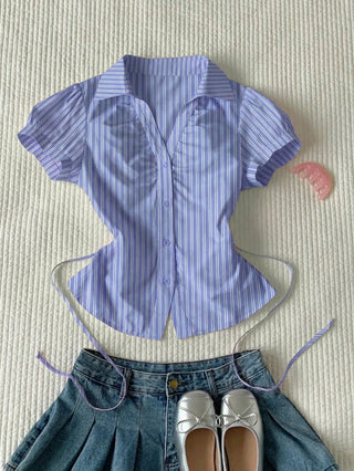 Women's Stripe Short Puff Sleeve Single-Breasted Casual Cute Shirt
