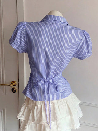 Women's Stripe Short Puff Sleeve Single-Breasted Casual Cute Shirt