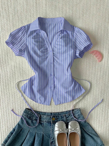 Women's Striped Short Puff Sleeve Single-Breasted Casual Shirt