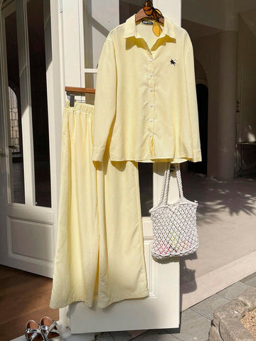 Women's New Striped Embroidered Loose Shirt And Pants Set