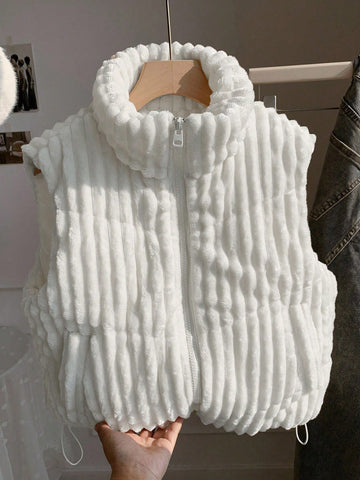 Zip Up Double Face Snap Button Corduroy Drawstring Vest Coat