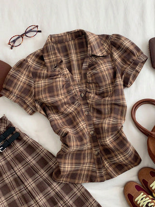 Women's Stripe Short Puff Sleeve Single-Breasted Casual Cute Shirt