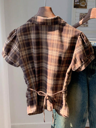 Women's Stripe Short Puff Sleeve Single-Breasted Casual Cute Shirt