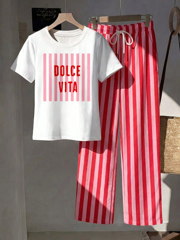 Short Sleeve Top And Striped Print Pants