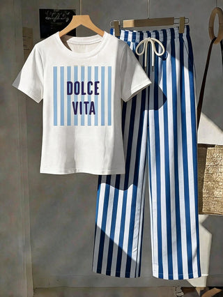 Short Sleeve Top And Striped Print Pants