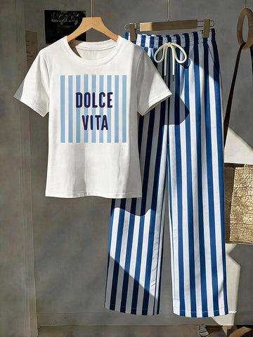 Short Sleeve Top And Striped Print Pants