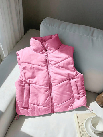 Zip Up Double Face Snap Button Corduroy Drawstring Vest Coat