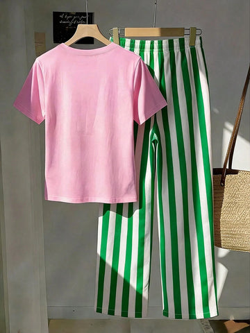 Short Sleeve Top And Striped Print Pants
