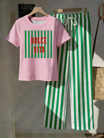 Short Sleeve Top And Striped Print Pants