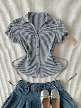 Women's Stripe Short Puff Sleeve Single-Breasted Casual Cute Shirt