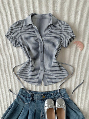 Women's Stripe Short Puff Sleeve Single-Breasted Casual Cute Shirt