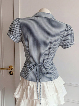 Women's Stripe Short Puff Sleeve Single-Breasted Casual Cute Shirt