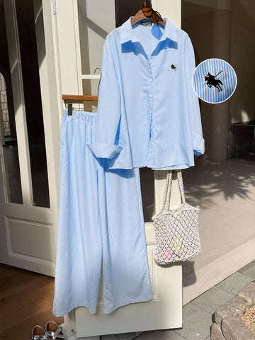 Women's New Striped Embroidered Loose Shirt And Pants Set