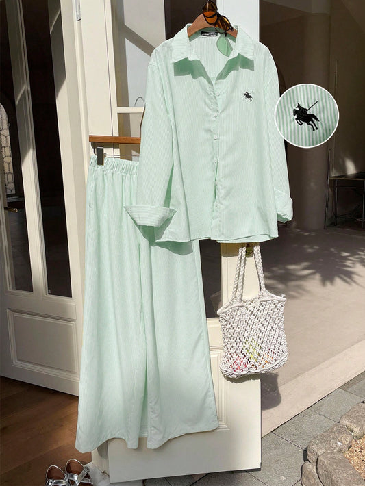 Women's New Striped Embroidered Loose Shirt And Pants Set