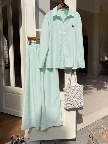 Women's New Striped Embroidered Loose Shirt And Pants Set