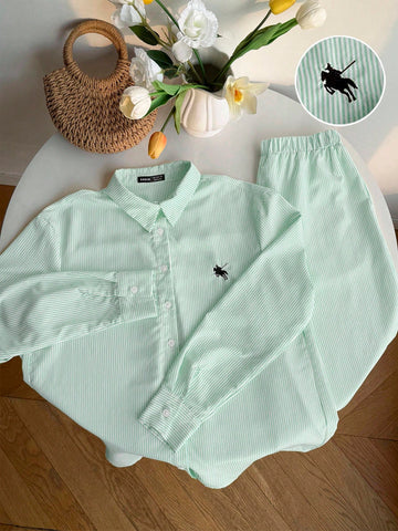 Women's New Striped Embroidered Loose Shirt And Pants Set