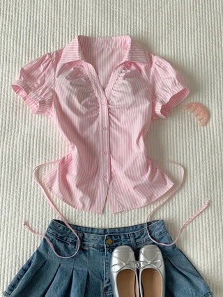 Women's Stripe Short Puff Sleeve Single-Breasted Casual Cute Shirt