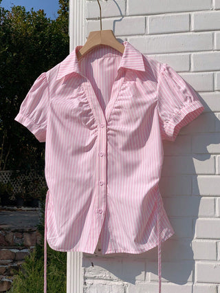 Women's Stripe Short Puff Sleeve Single-Breasted Casual Cute Shirt