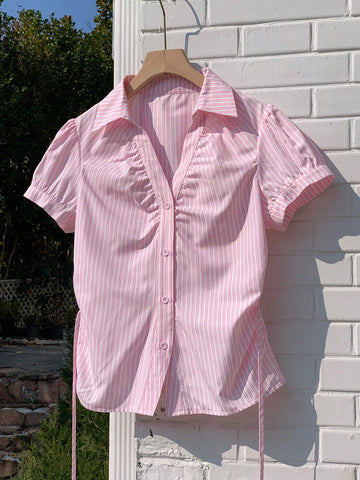 Women's Stripe Short Puff Sleeve Single-Breasted Casual Cute Shirt