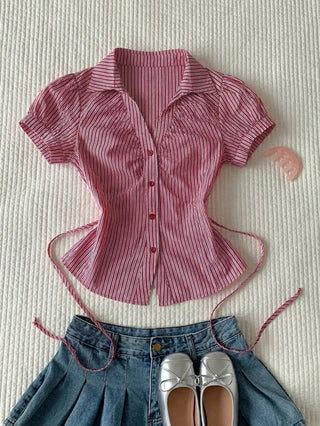 Women's Stripe Short Puff Sleeve Single-Breasted Casual Cute Shirt