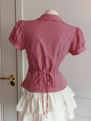 Women's Stripe Short Puff Sleeve Single-Breasted Casual Cute Shirt