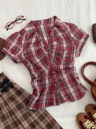 Women's Stripe Short Puff Sleeve Single-Breasted Casual Cute Shirt