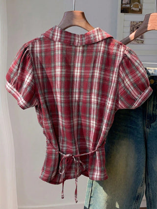 Women's Stripe Short Puff Sleeve Single-Breasted Casual Cute Shirt