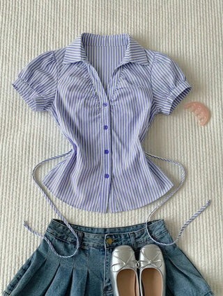 Women's Stripe Short Puff Sleeve Single-Breasted Casual Cute Shirt