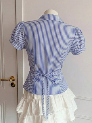 Women's Stripe Short Puff Sleeve Single-Breasted Casual Cute Shirt
