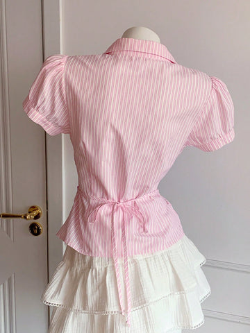 Women's Striped Short Puff Sleeve Single-Breasted Casual Shirt