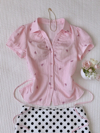 Women's Stripe Short Puff Sleeve Single-Breasted Casual Cute Shirt