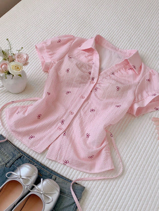 Women's Stripe Short Puff Sleeve Single-Breasted Casual Cute Shirt