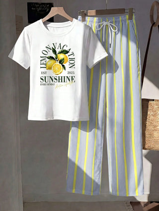 Short Sleeve Top And Striped Print Pants